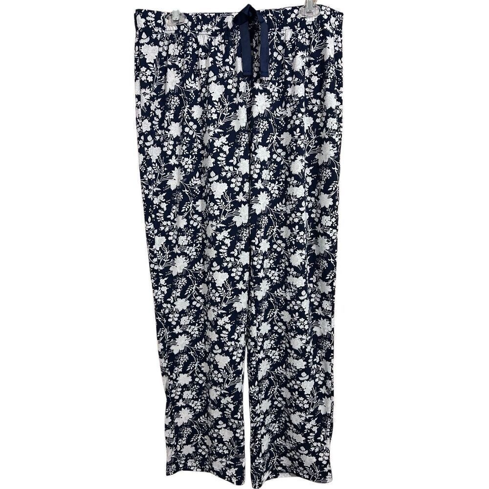 Lands’ End Navy Blue & White Floral Print Pajama Pants Women’s Size M
